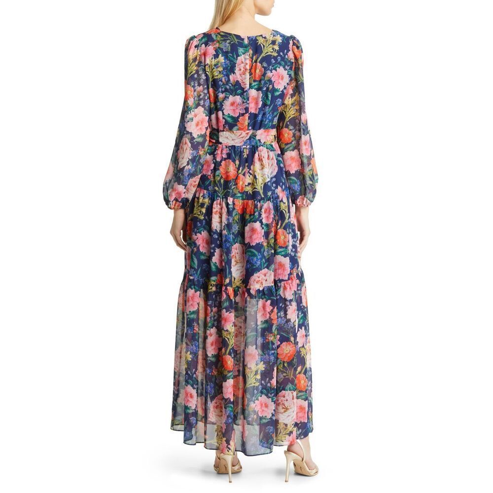 Eliza J Chiffon Chiffon Floral-Print Faux-Wrap Tiered Maxi Dress NEW Size 4 Blue - Picture 12 of 12